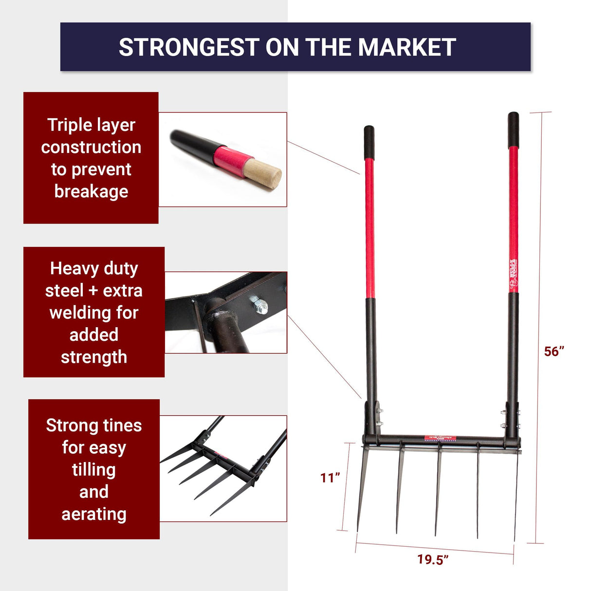 Bully Tools 5-Tine Broadfork, Fiberglass Handles, 56" 10-Gauge Steel Fork