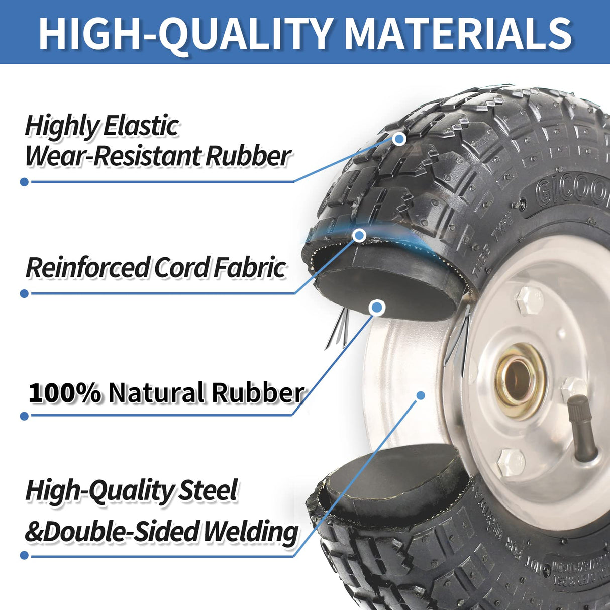 GICOOL 4.10/3.50-4" Tire and Wheel, 10" Pneumatic Tire, 4 Pack, with 2 1/4" Offset Hub, 5/8" Axle Bore Hole, Sealed Bearings for Hand Truck Trolley Dolly Garden Wagon Cart Wheel Replacement