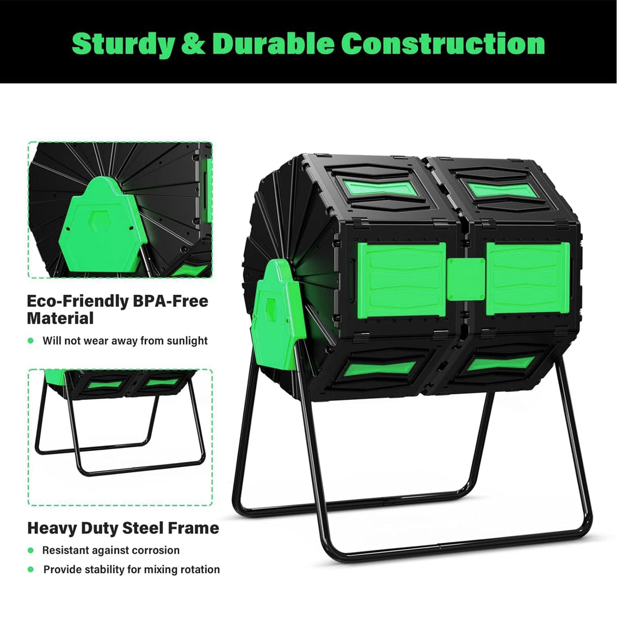 Compost Tumbler, Easy Assemble & Efficient Outdoor Compost Bin, 45 Gallon/170 Liter Large Dual Chamber Rotating Composter for Garden, Kitchen, and Yard Waste, Green Door