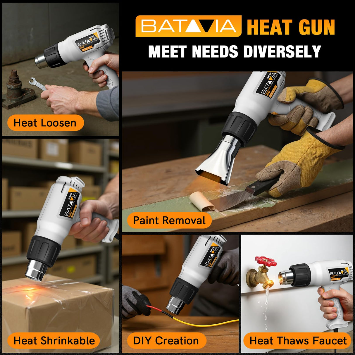 Heat Gun - BATAVIA Dual Protection Fuses 1800W Heavy Duty Fast Heat Hot Air Gun with 752℉&1112℉ Dual-Temperature Settings and 4 Nozzles with Overheat Protection for Crafts, Vinyl Wrap, Shrink Tubing