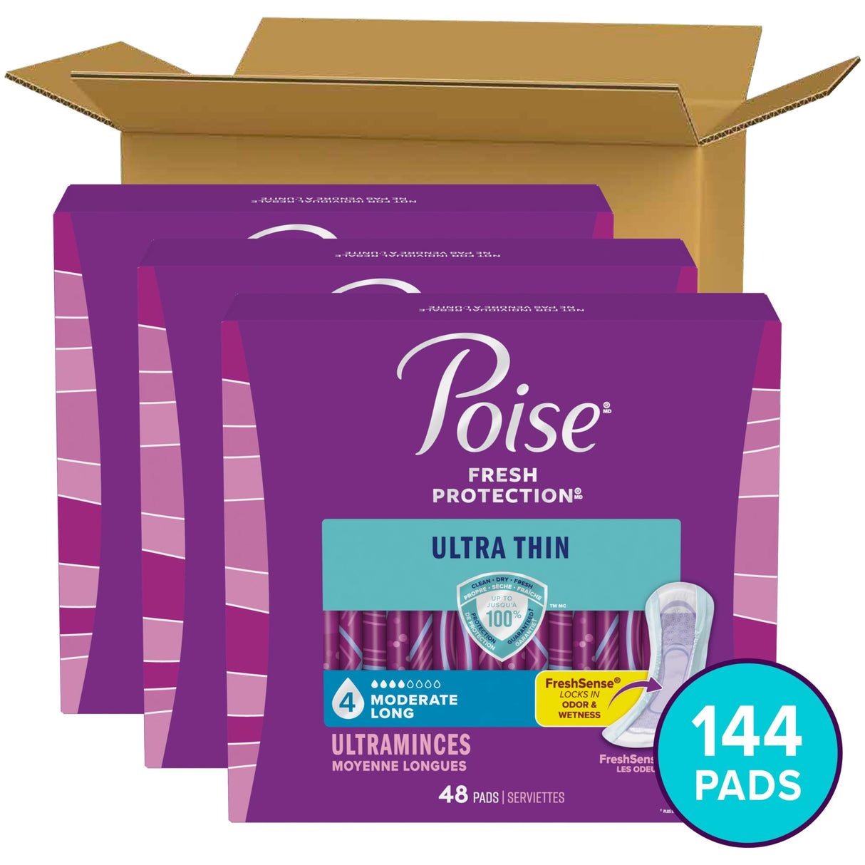 Poise Ultra Thin Incontinence Pads & Postpartum Pads for Bladder Leaks, 4 Drop Moderate Absorbency, Long Length, 144 Count, Packaging May Vary