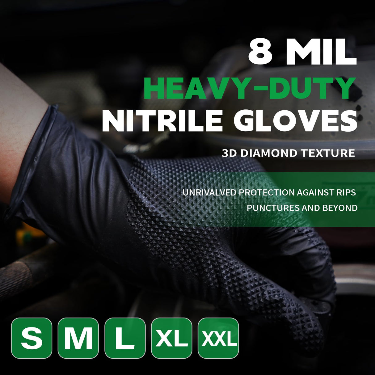 FINITEX Heavy Duty Black Industrial Nitrile Disposable Gloves - 100PCS 8Mil Latex-free Powder-free 3D Diamond Mechanic Gloves (Large)