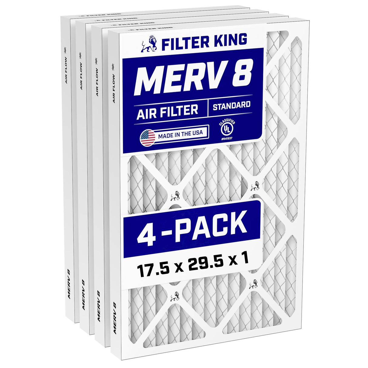 Filter King 17.5x29.5x1 Air Filter (MERV 8) (4-Pack) Dust & Allergy Control AC Furnace Filters, MADE IN USA, HVAC, Pleated, Electrostatic (Actual Size: 17.5 x 29.5 x .75)