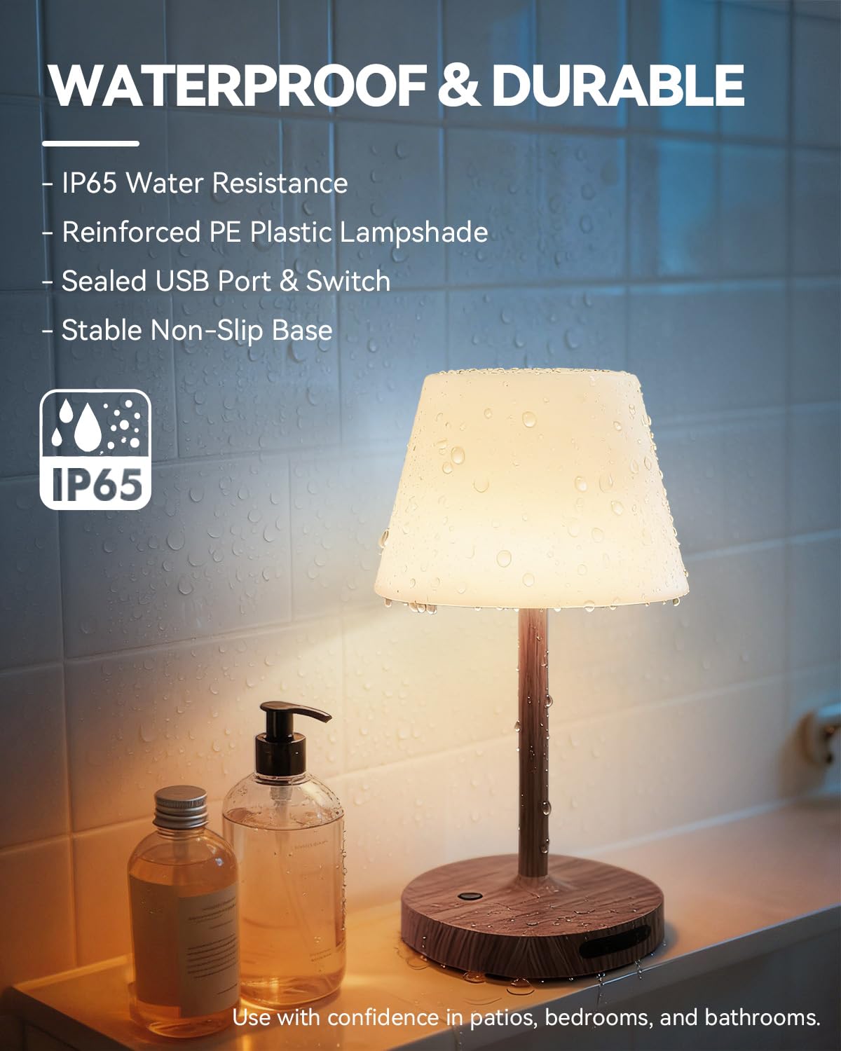 SAIWEYA Outdoor Waterproof Shower Lamp, 5200mAh Cordless Rechargeable Table Lamp with Touch Dimming, IP65 Wireless LED Night Light for Patio, Camping, Bathroom, Restaurant & Kitchen