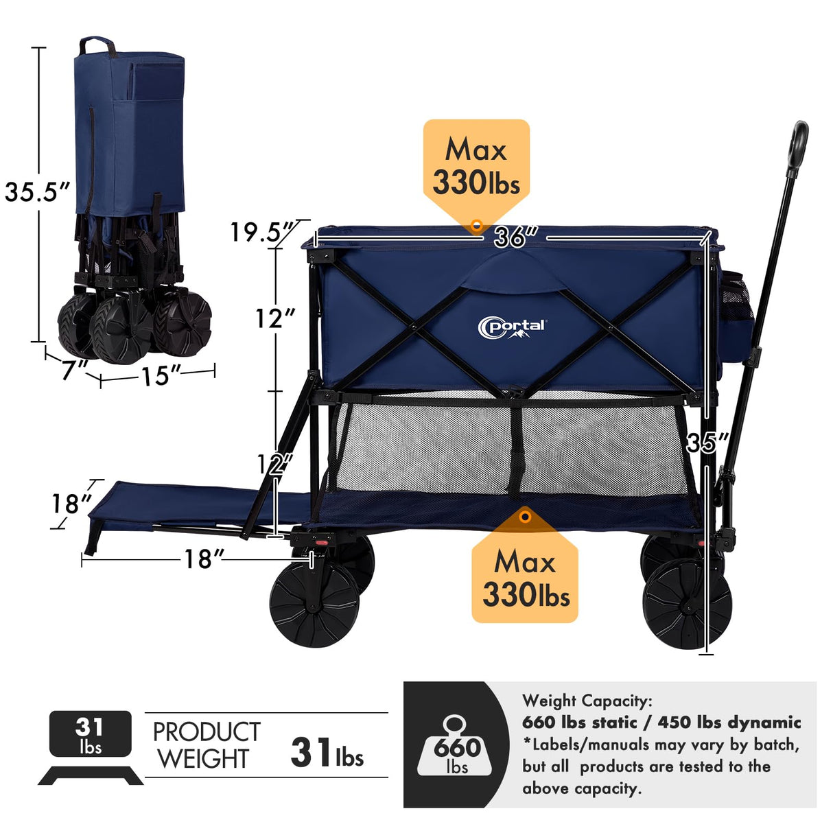 Portal Collapsible Double Decker Wagon Folding Utility Cart with Tailgate, Beach Wagons with Big Wheels, 660LB Heavy Duty Foldable Wagon 14 FT³ Large Capacity for Camping, Sports, Garden