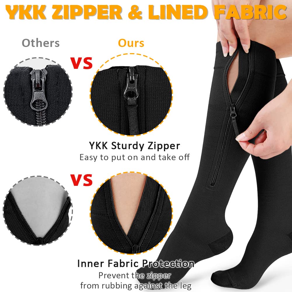 CASMON 15-20mmHg Zipper Compression Socks for Women and Men, Knee High Compression Stockings, Medical Closed Toe Support Socks for Varicose Veins, Post-Surgery, Swelling, Nurses, Pregnancy (1 Pair)