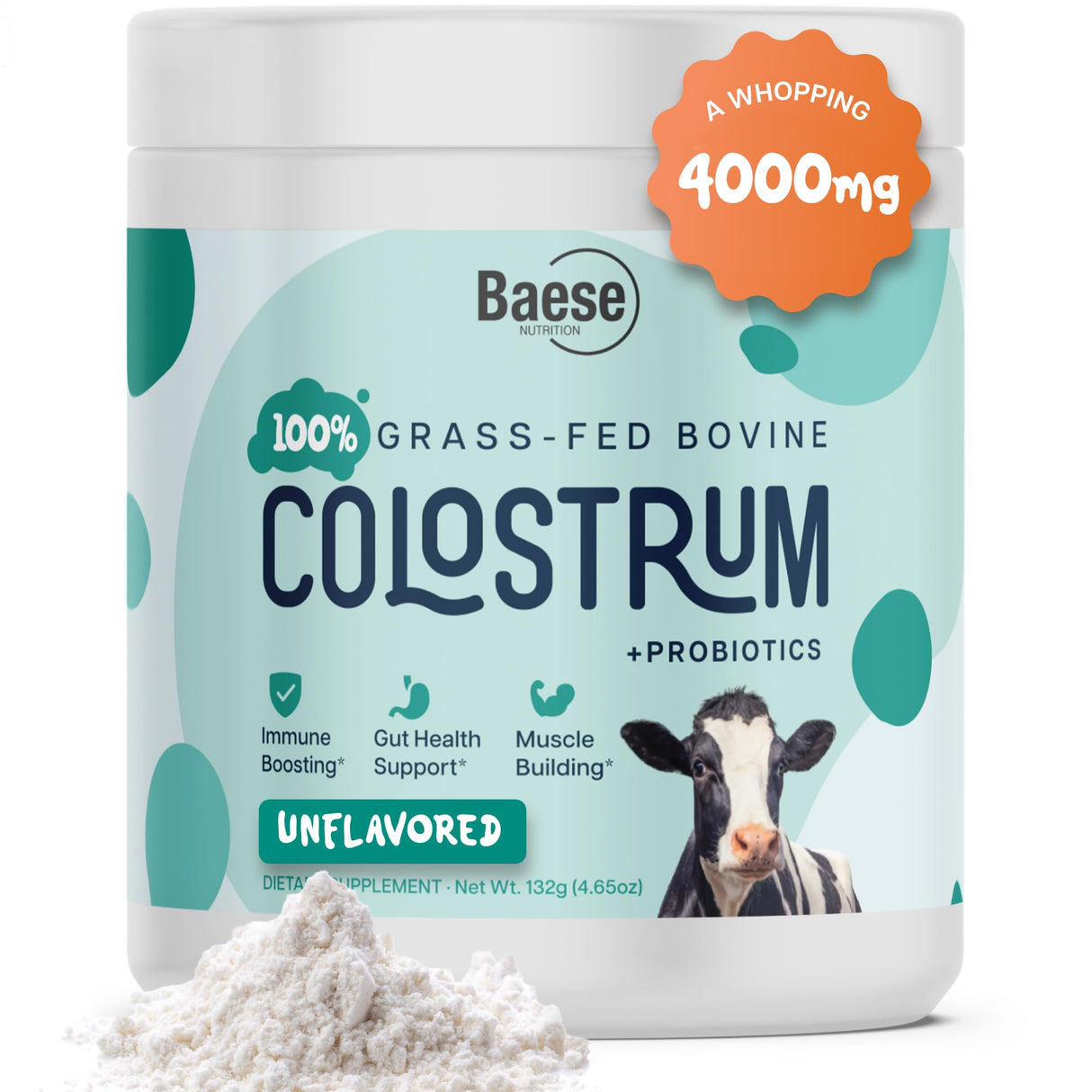 Baese Nutrition 4000mg 800 IgG Grass Fed with Probiotics Bovine Colostrum Powder Supplement for Kids & Adults with Immunoglobulins (132 Grams, Unflavored)