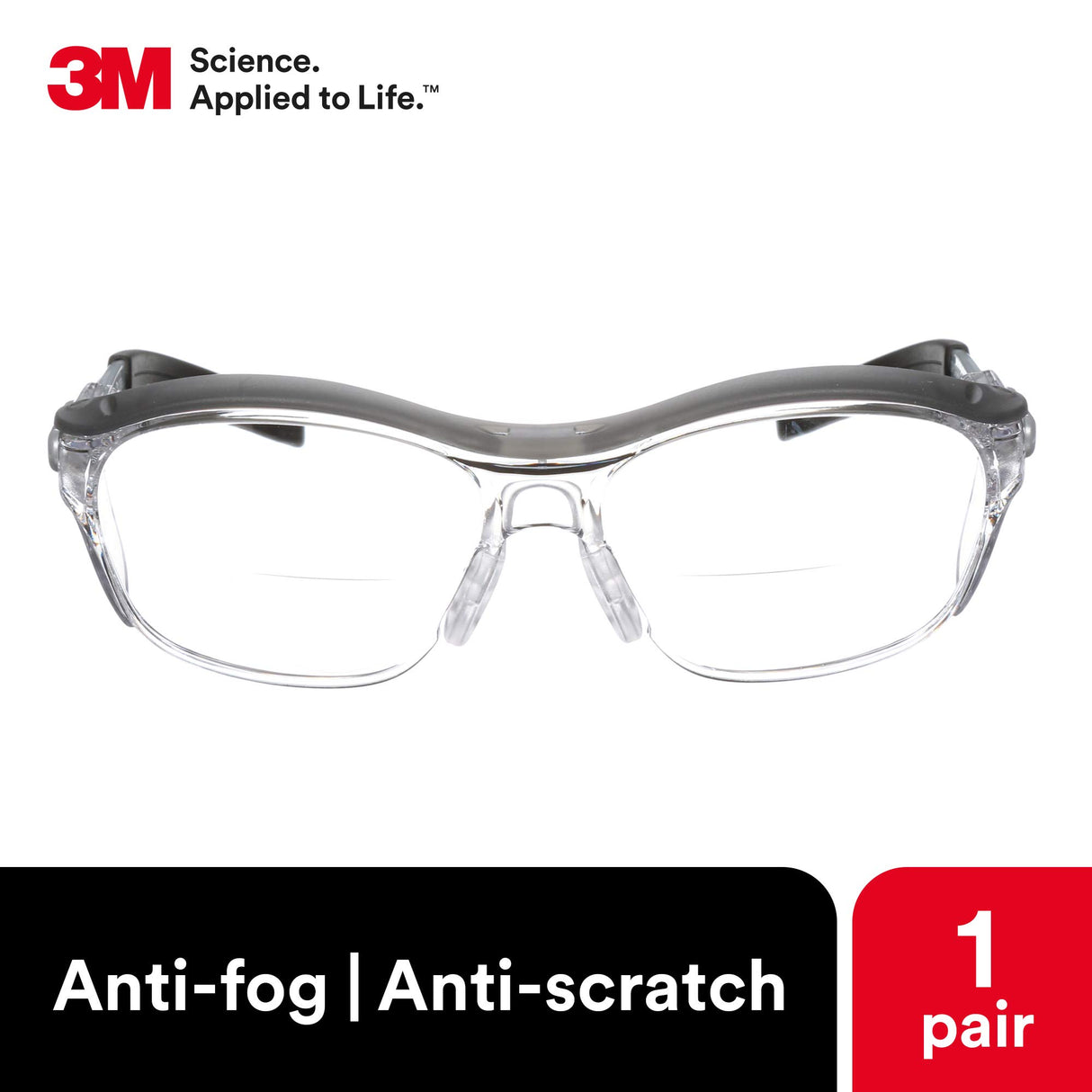 3M Safety Glasses with Readers, Nuvo Readers, +2.0 Diopter, Pack of 1, ANSI Z87, Clear Lens, Gray Frame, Soft Nose Bridge, Side Shields