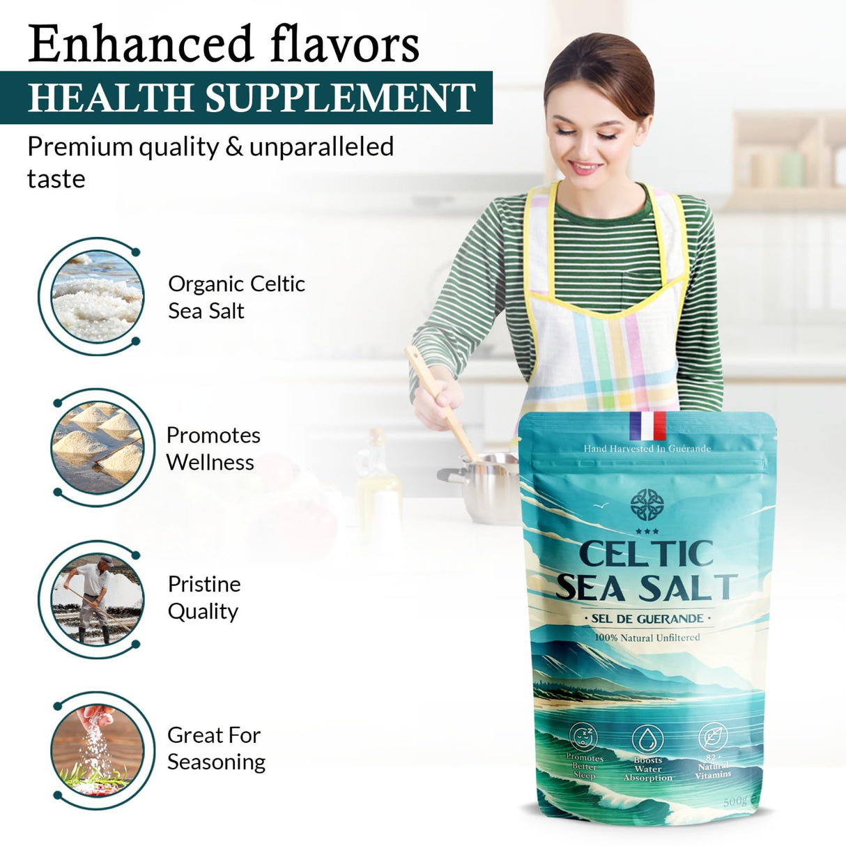4 Pack Celtic Sea Salt 500g | 100% Organic Unfiltered | 82+ Natural Minerals | Hand Harvested in Guerande, France | Coarse Grey | 500g