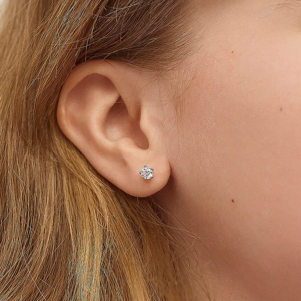 In Season Jewelry Solitaire Simulated Birthstone Kids Earrings - 925 Sterling Silver Hypoallergenic Earrings for Girls with Secure Screw Backs - Safe & Comfortable for Kids & Little Girls, Clear