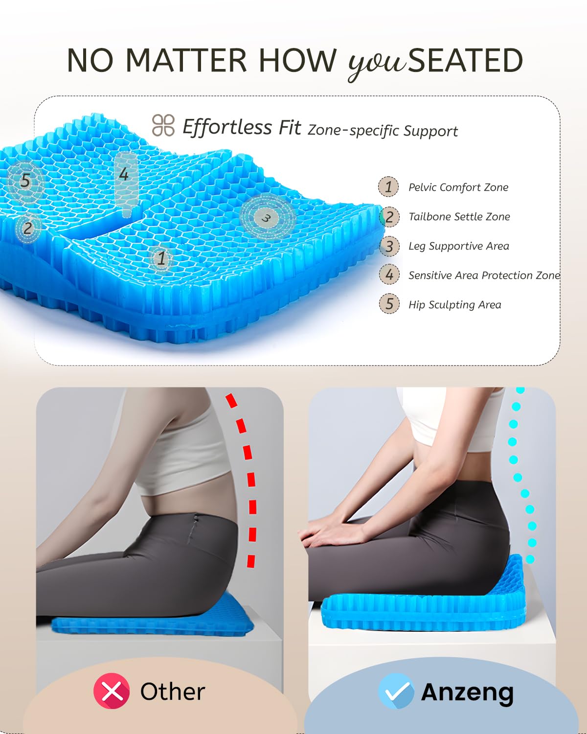 Anzeng Gel Seat Cushion for Long Sitting & Hip Pain Relief (Large Size) - Cooling 3D Cushions for Office Chair, Car, Wheelchair, Breathable & Non-Slip Cover with Pressure Relief Technology