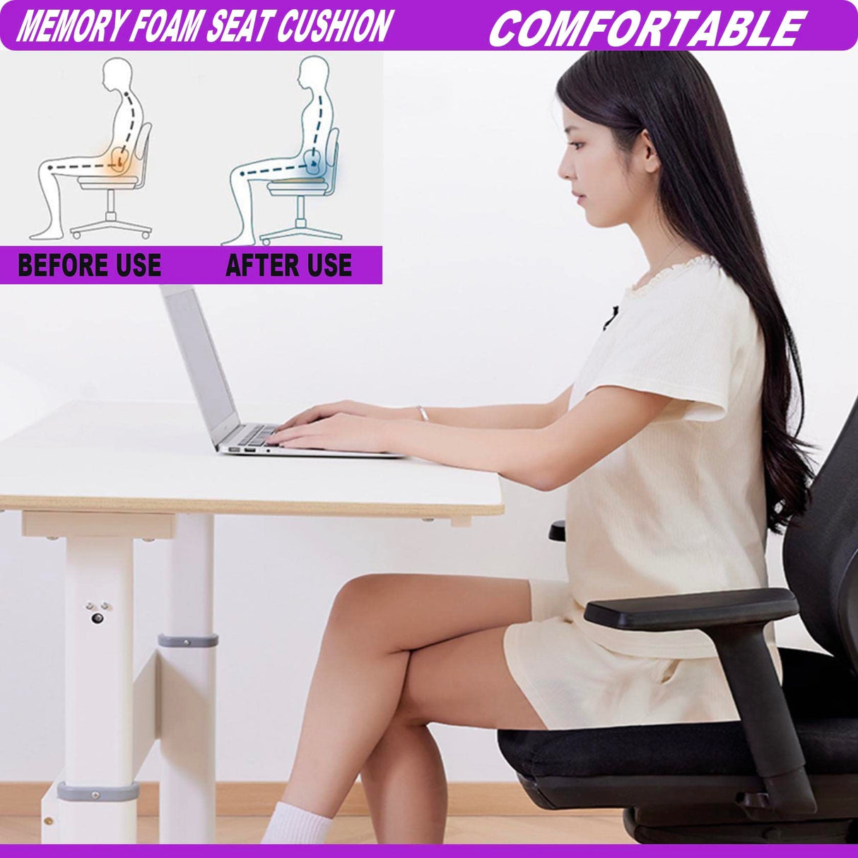Extra Large Office Chair Seat Cushion, Memory Foam Cushion for Coccyx, Tailbone, Sciatic Pain Relief, Non-Slip Chair Pads for Car, Wheelchair, Gaming Chair