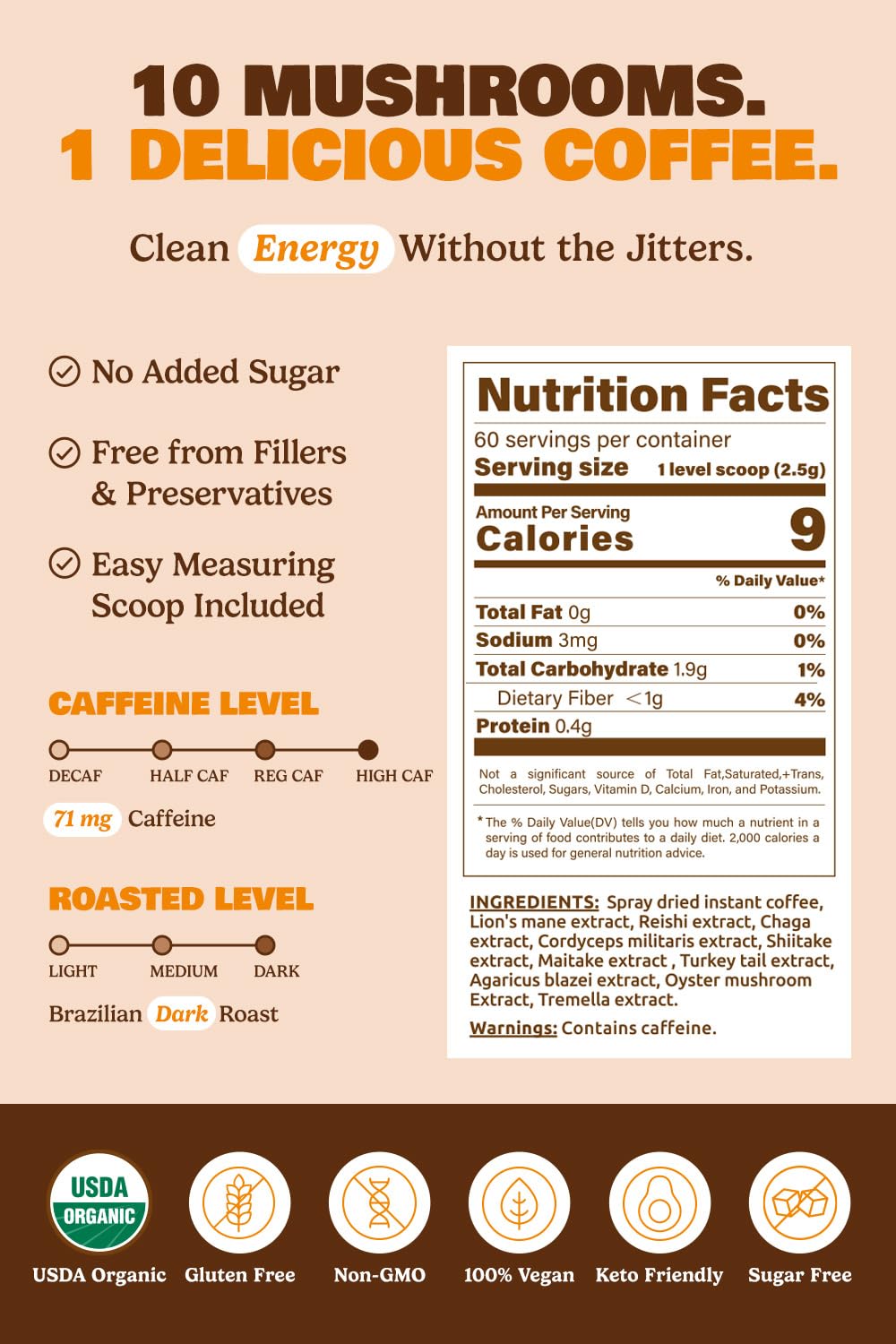 10-in-1 USDA Certified Organic Mushroom Coffee Instant, Instant Mushroom Coffee Brazilian Dark Roast for Better Energy, Focus, Gut Health, 60 Servings Regular Caffeine - ShroomDNA