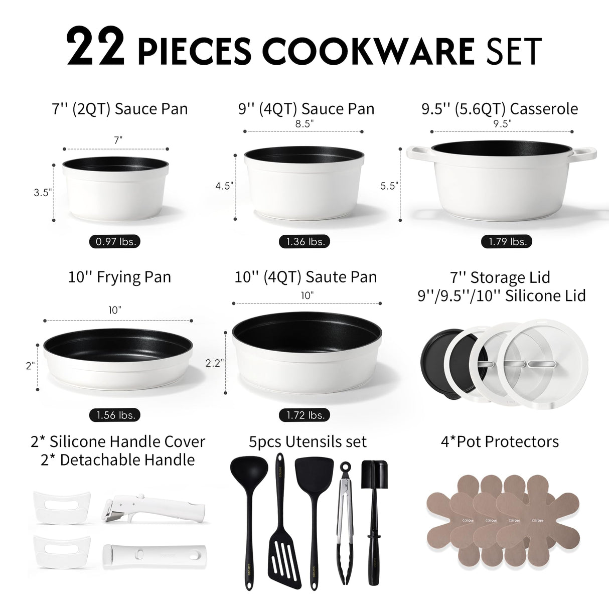 CAROTE 22pcs Pots and Pans Set Non Stick, Detachable Handle Cookware Set White, RV Cooking Set, Dishwasher/Oven/Fridge Safe, Pot and Pan Set, Induction Cookware