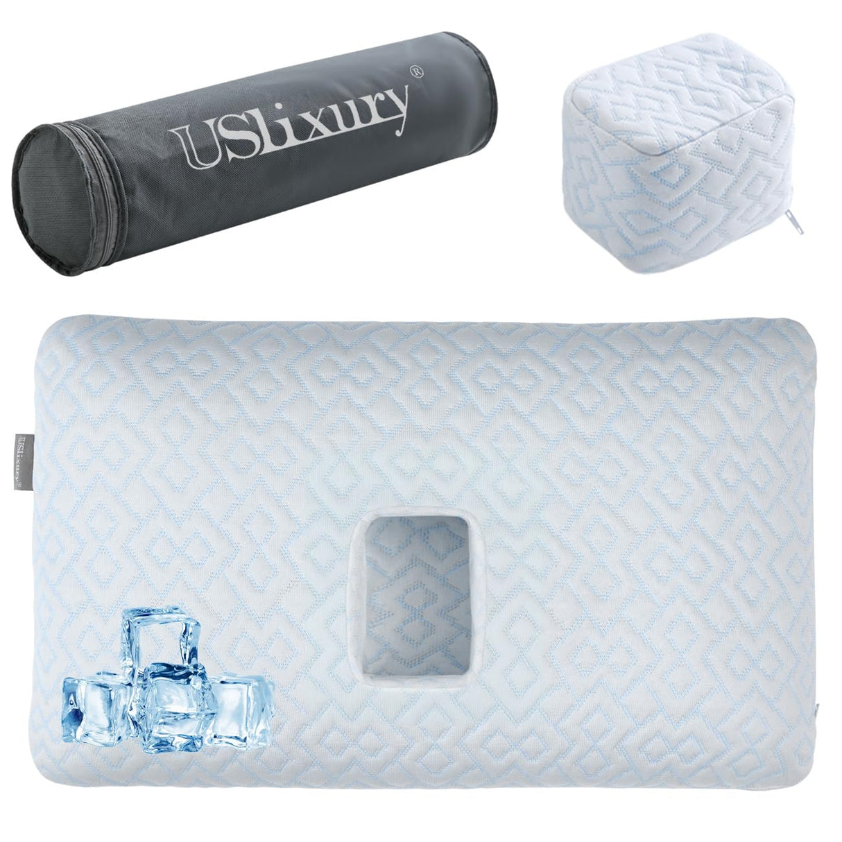 USlixury Piercing Pillow - Large Ear Piercing Pillow with Foam Plug, 4''H Ear Pilow with 5.1*3.2 and Off Center Earr Hole, Soft CertiPUR-US Memory Foam Pirecing Pilow for Side Sleepers, Cooling Sleep