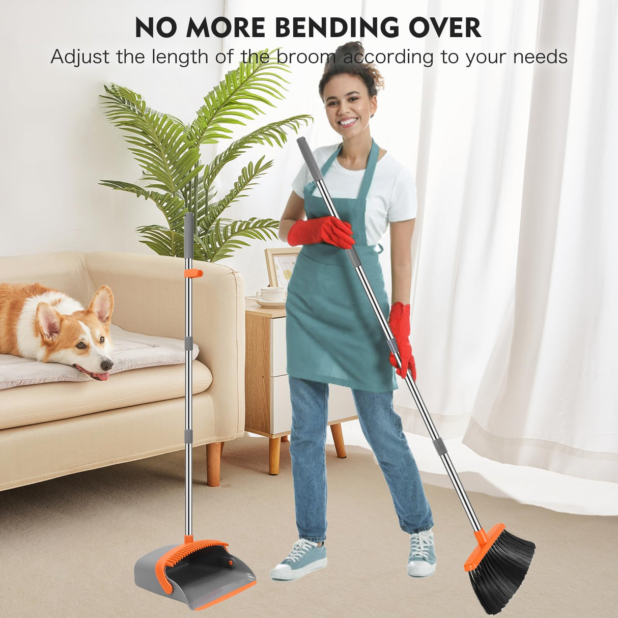 NACENA Broom and Dustpan Set, 55-in Long Adjustable Handle Broom Dustpan Combo with Dustpan Teeth to Automatically Clean Hair Suitable for Home Kitchen Office Hall Floor, Large(Grey&Orange)