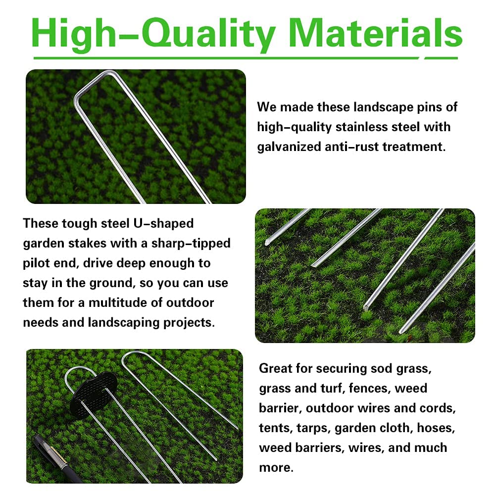 100Pcs Garden Stakes Staples + 100Pcs Gasket, Bakulyor 6 Inch Lawn Landscape Staples 11 Gauge U Shaped Galvanized Landscape Pins, Heavy Duty Yard Ground Pin for Weed Barrier Sod Fabric Decorations