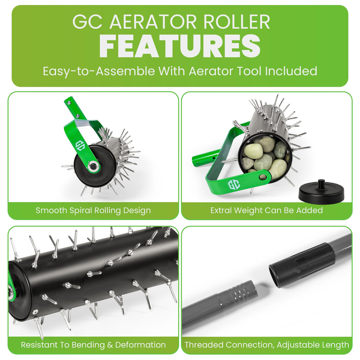 Manual Lawn Aerator Roller Tool, Heavy-Duty Rolling Lawn Aerator, 42 Pre-Attached Steel Spikes, 57 Inch Adjustable Height, Fillable Weighted Drum, 2 Inch Soil Penetrator for Lawn, Garden & Yard Care