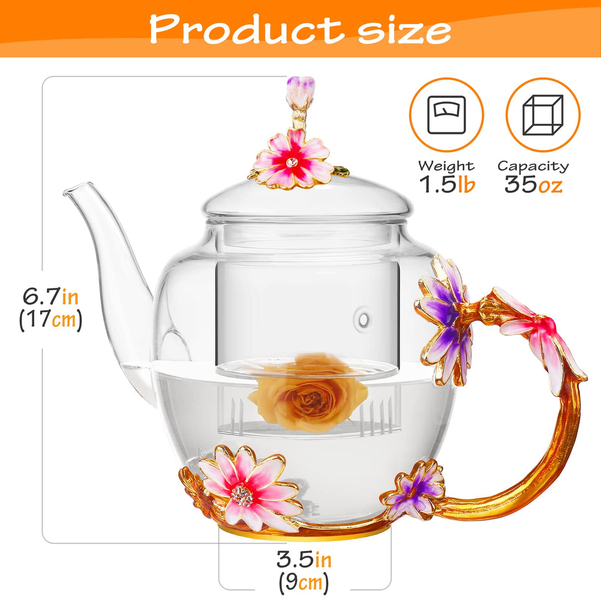 Luka Tech 35OZ Enamel Glass Flower Teapot With Removable Loose Tea Leaf Infuser Tea Maker,Gifts For Women,Mom,Mothers Day,Christmas,Birthday,Valentines Day