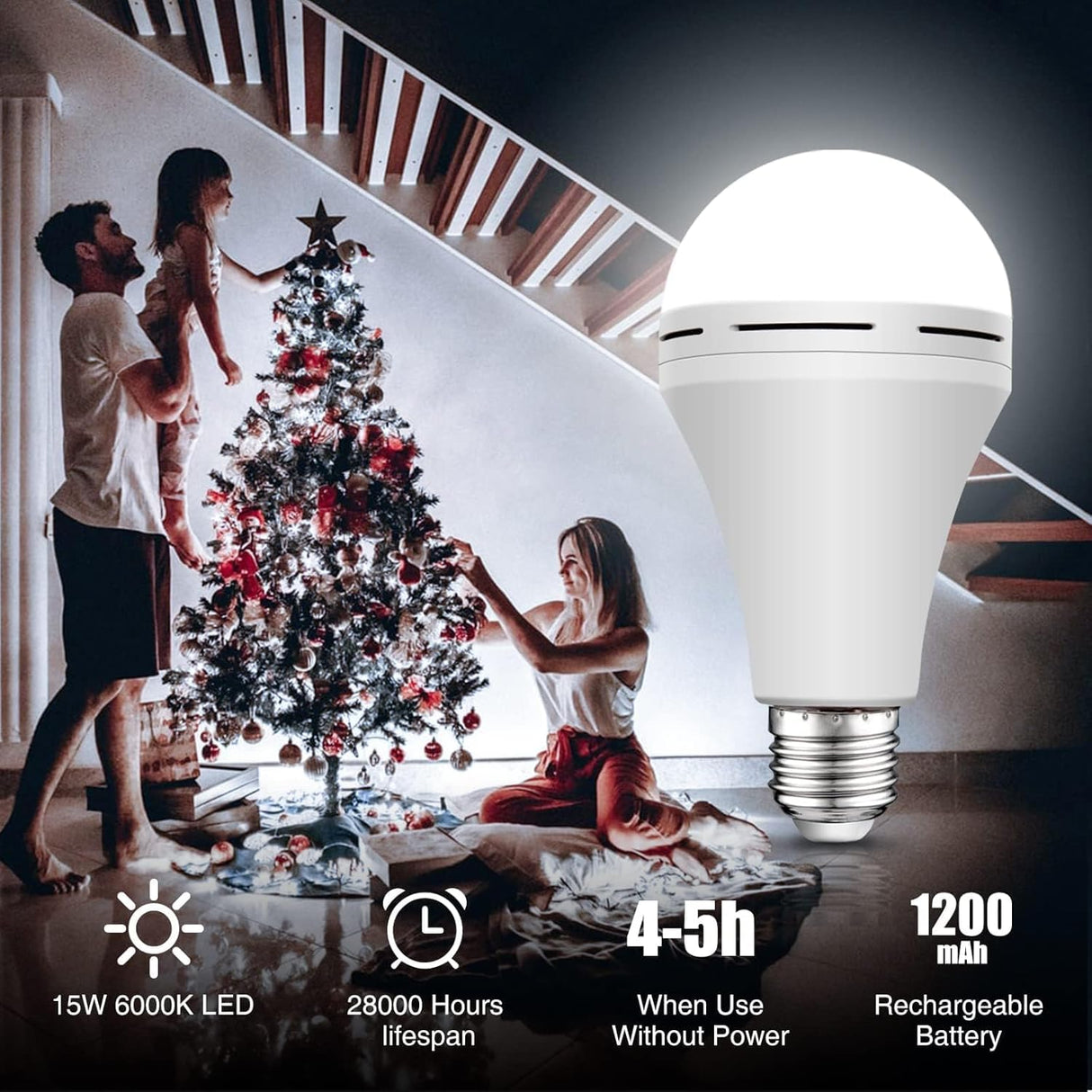 Neporal 4 Pack Emergency-Rechargeable-Light-Bulb, Stay Lights Up When Power Failure, 1500mAh 15W 80W Equivalent LED Light Bulbs for Home, Camping, Tent (E27, with Hook) (Daylight)