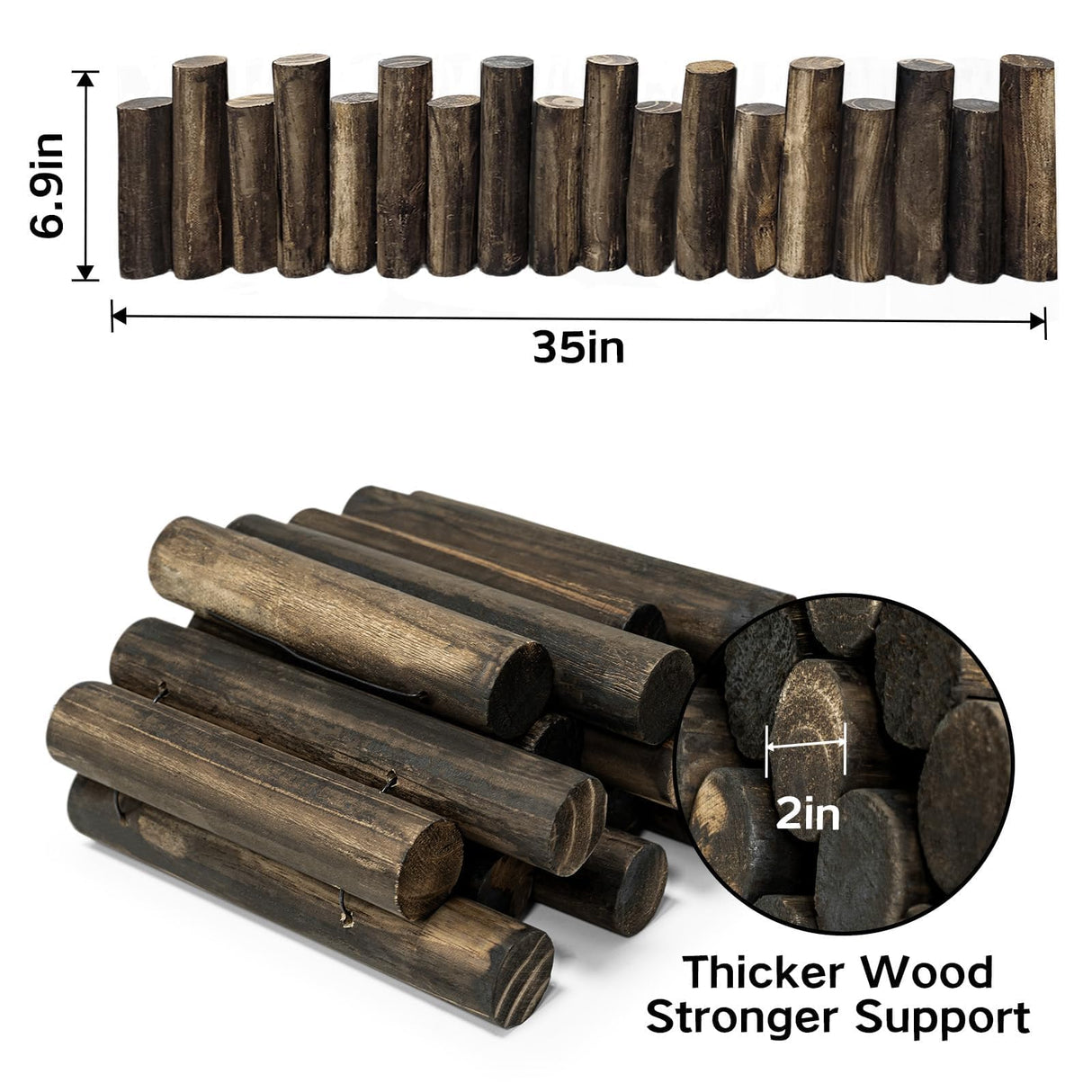 Wood Garden Edging, Natural Wooden Solid Log Fence Border Decorative for Flower Bed Barriers and Landscape Fencing, 6.9 in H x 3.0 ft L, 1.9 in Diameter (2PACK)