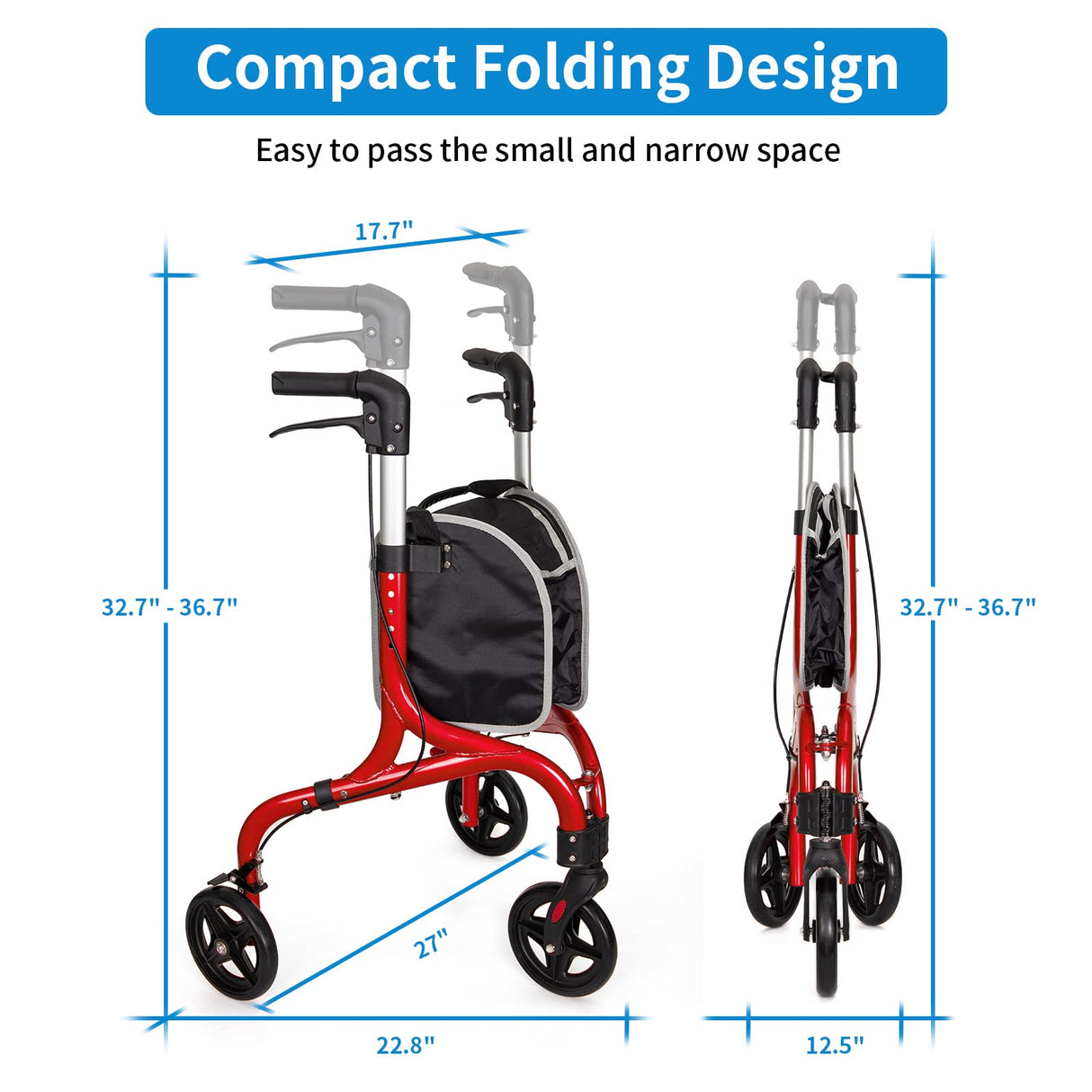Planetwalk Premium 3 Wheel Rollator Walker for Seniors - Ultra Lightweight Foldable Walker for Elderly, Aluminum Three Wheel Mobility Aid, Brilliant Red