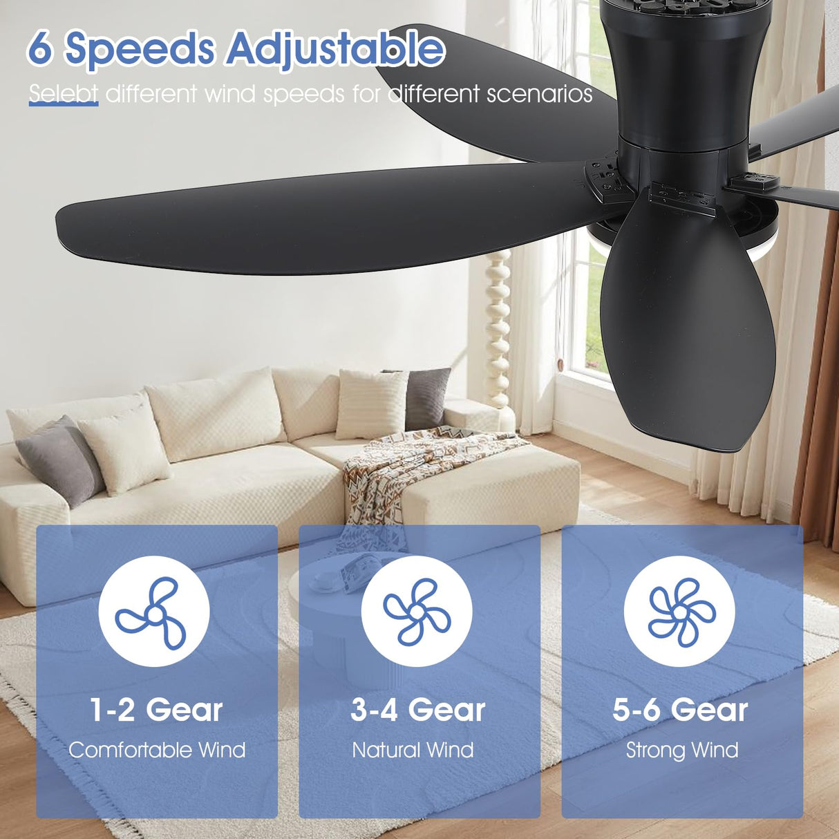 Surtime 42" Ceiling Fans with Lights-Low Profile Ceiling Fan with Light and Remote/APP Control,Flush Mount,DC Reversible,LED Dimmable Blakc Ceiling Fans for Bedroom,Indoor/Outdoor Patio Use