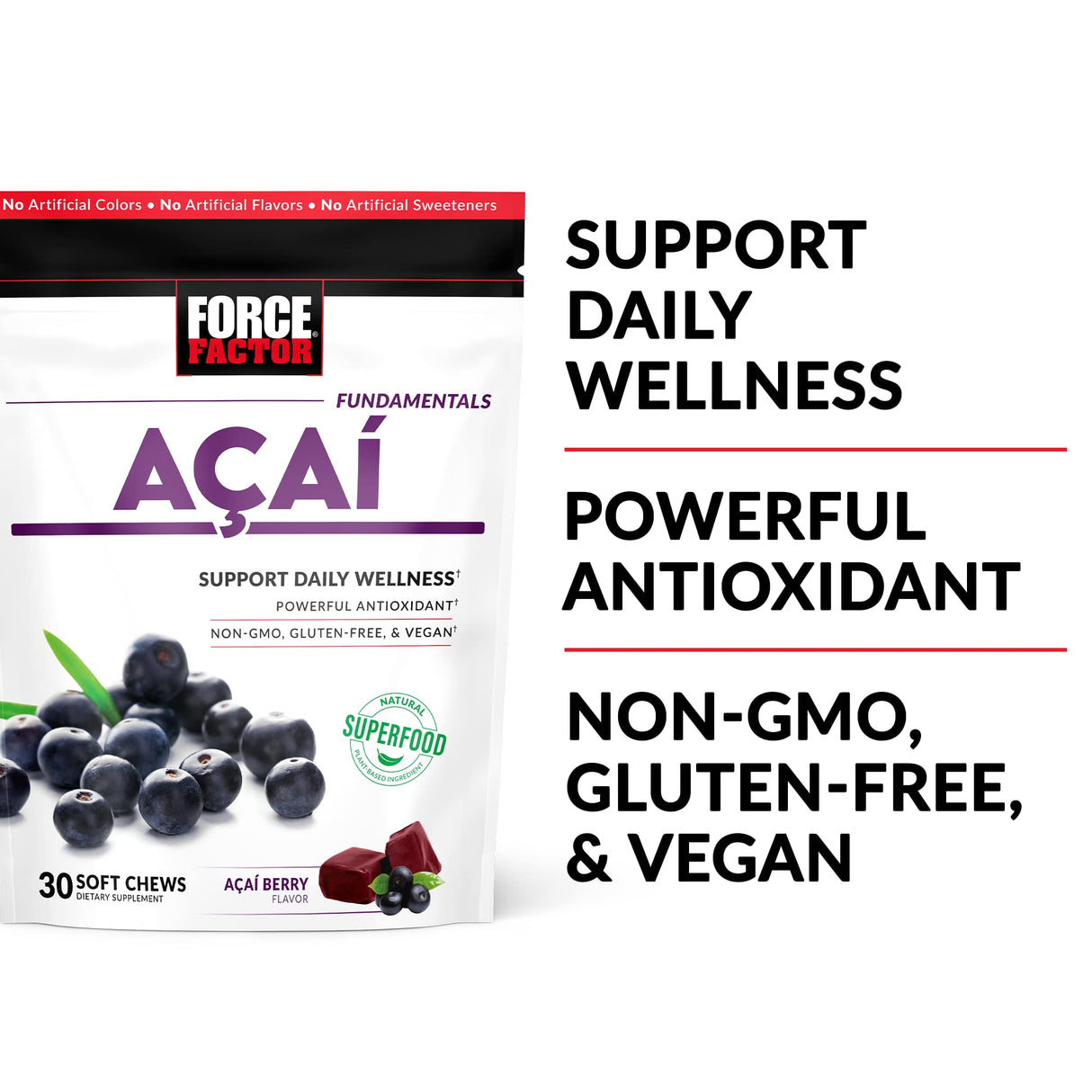 Force Factor Acai Soft Chews for Immune Support, Oxidative Stress Defense, and Daily Wellness, Superfood and Antioxidants Supplement, Non-GMO, Gluten-Free, and Vegan, Acai Berry Flavor, 30 Soft Chews