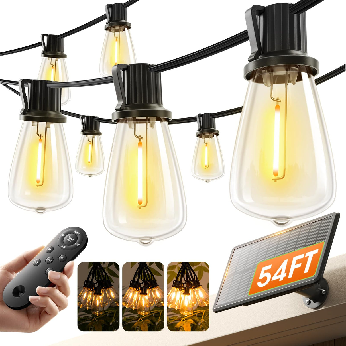 KYY 54FT Solar String Lights Outdoor Waterproof with USB Charging & Remote, Dimmable & Timable, Solar Powered Patio Lights with LED Shatterproof Bulbs for Deck Backyard Porch Garden Camping