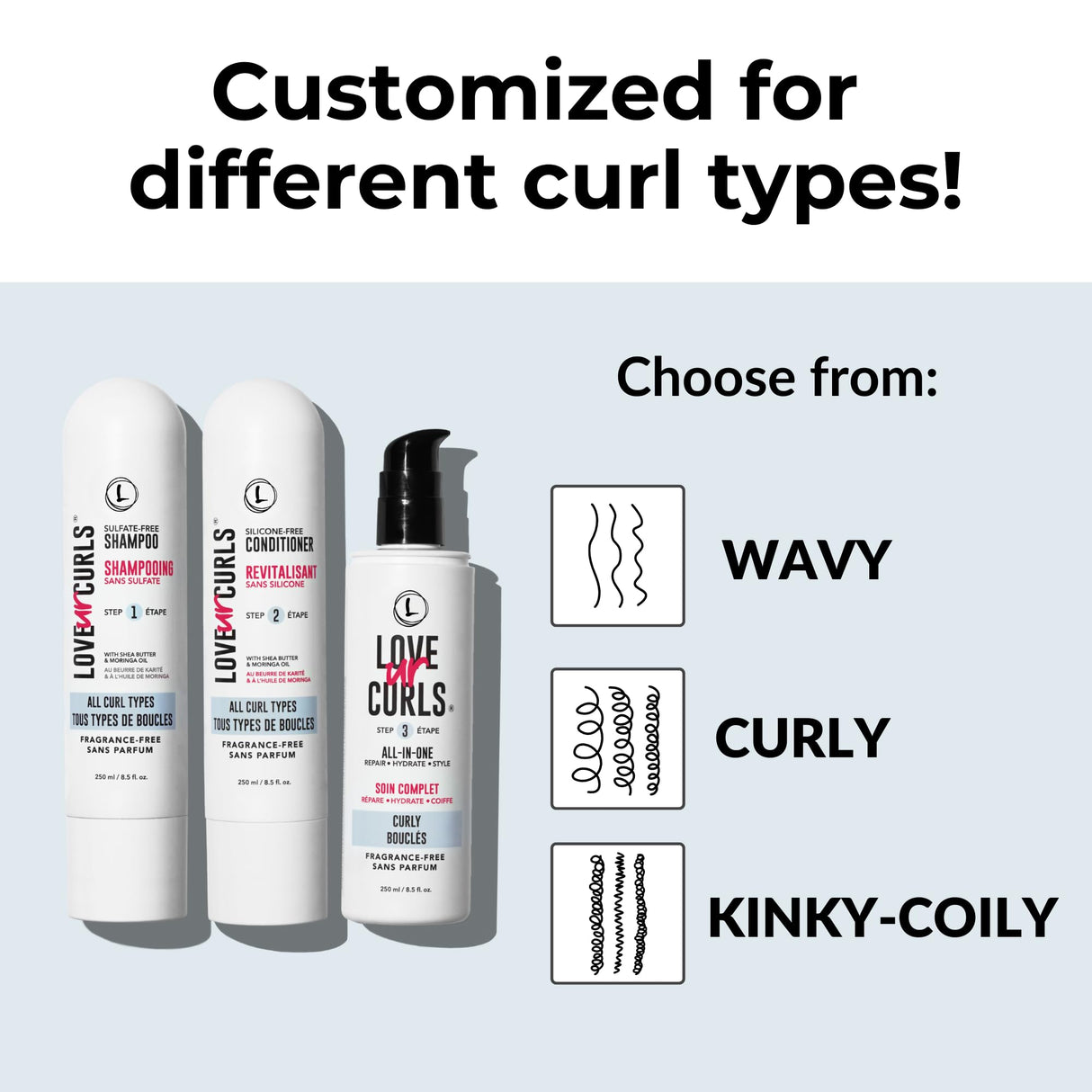 Love Ur Curls Fragrance Free Shampoo and Conditioner Set with All in One Curl Cream Styler for Curly Hair, 3 Step System to Repair, 200 mL