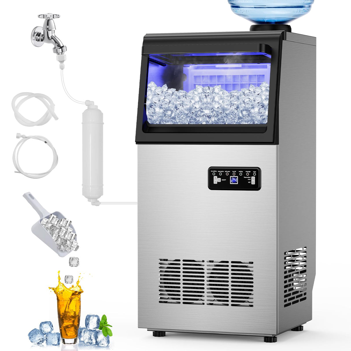 Commercial Ice Maker Machine 110 LBS/24H, 36 Ice Trays Freestanding & Undercounter Ice Machine Stainless Steel with 20 LBS Ice Storage Capacity, Ice Maker with Water Line and Filter, Dual Water Inlet