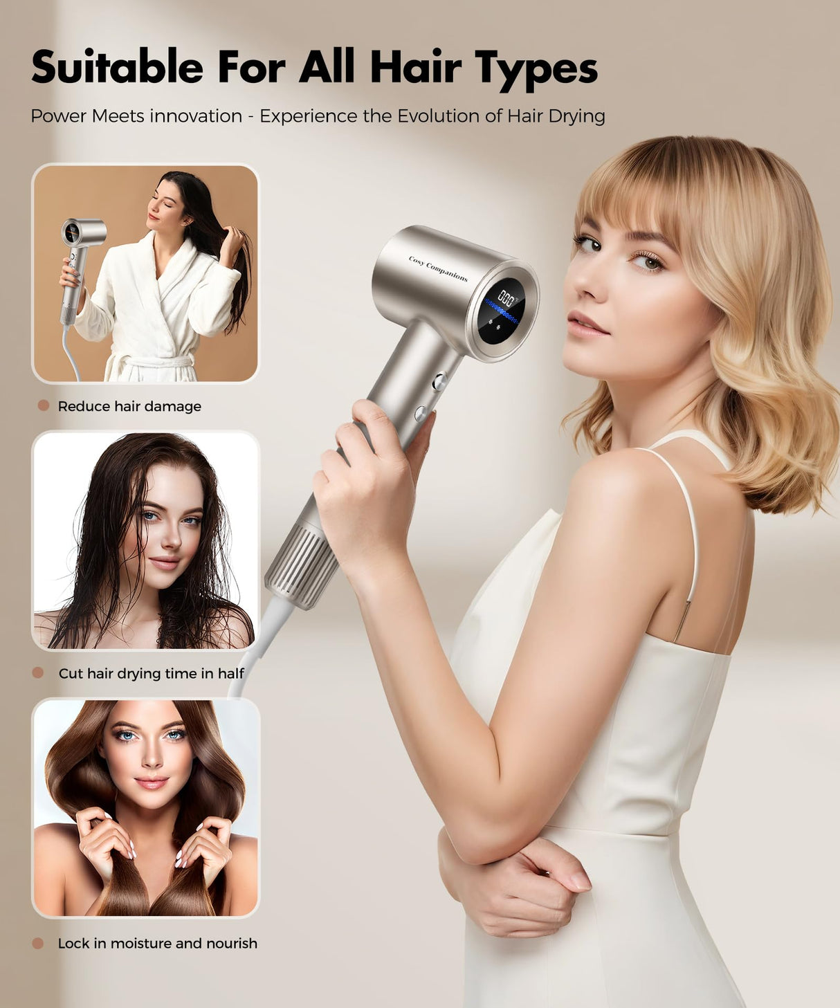 Hair Dryer, 150000RPM High-Speed Hairdryer for Fast Drying, Low Noise, HD Display, 5 Temps & 2 Speeds, 500 Million Negative Ionic Blow Dryer with Diffuser & Nozzle, Gold