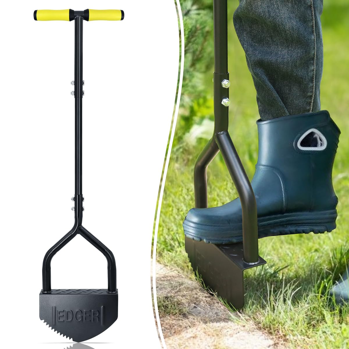 Colwelt Manual Edger Lawn Tool 40-inch, Half Moon Edger Chopper Lawn Tool with V-Shape Serrated Blade, Solid Steel Lawn Edger Tool with Soft T-Grip, Garden Edger for Sidewalk, Grass, Yard, Landscape