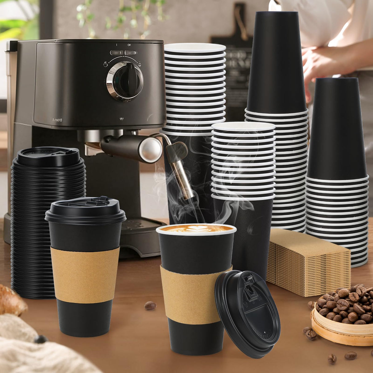 Lamosi 20 Pack 16 oz Disposable Coffee Cups with Lids and Sleeves, White Leak-Proof To Go Coffee Cups with Lids, Hot/Cold Beverage Drinking Cup for Home, Office, Hotel, Parties, Travel