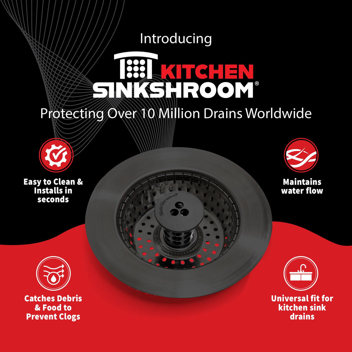 Kitchen SinkShroom Clog-Free Kitchen Sink Drain Strainer with Stopper - Sink Protector for Kitchen Sink, Stainless Steel, Matte Black
