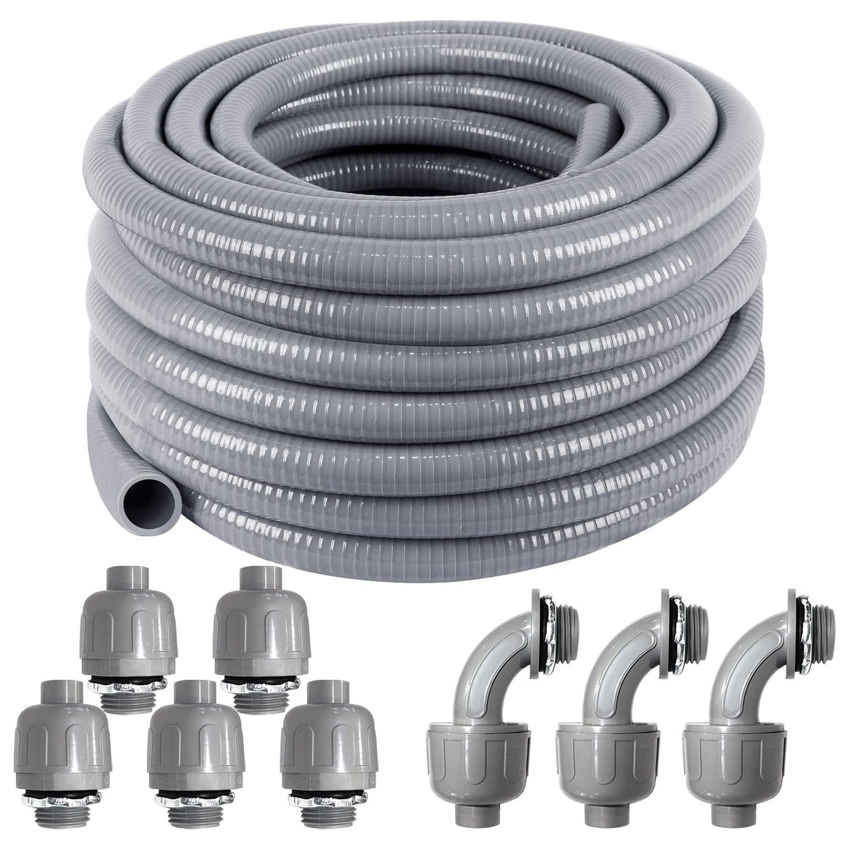 Liquid-Tight Conduit 50 ft and 8 Pieces of Connector Kit,Electrical Conduit 1/2 Flexible Non Metallic Conduit UL Certification,Flexible Conduit with 5 Straight and 3 Degree Conduit Connector Fittings
