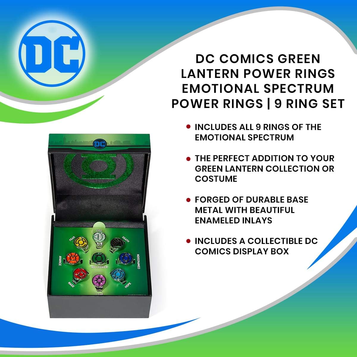 DC Comics Green Lantern Power Rings Emotional Spectrum | Includes 9 Adjustable Rings Featuring Each Emotion