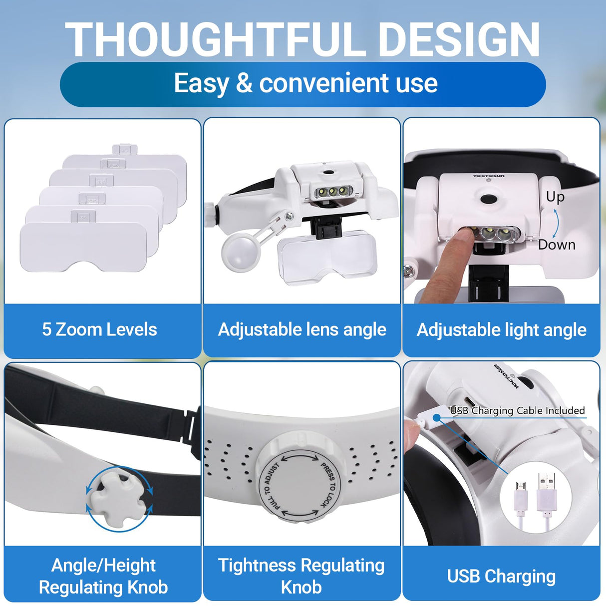 YOCTOSUN Magnifying Glasses with Light 1X-14X, Rechargeable LED Headband Magnifier with 6 Lenses and Storage Case, Hands Free Head Magnifying Visor for Close Work, Sewing, Crafts,Jewelry