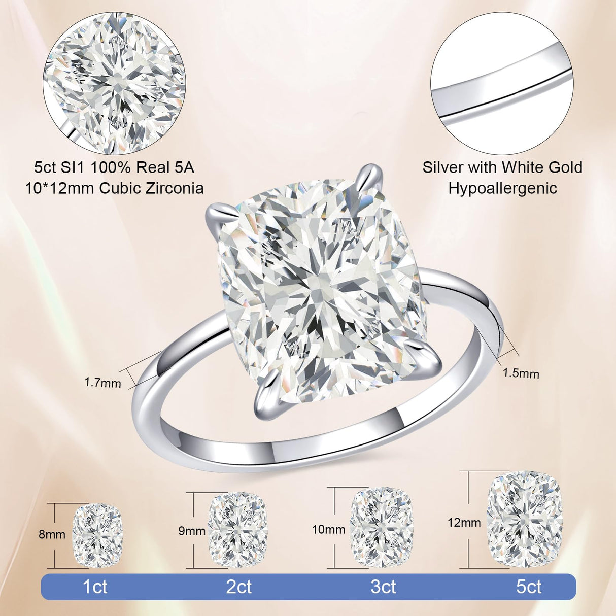 AVECON 5CT Elongated Cushion Cut Engagement Ring for Women, Promise Wedding Cubic Zirconia White Gold Plated Band Size 7