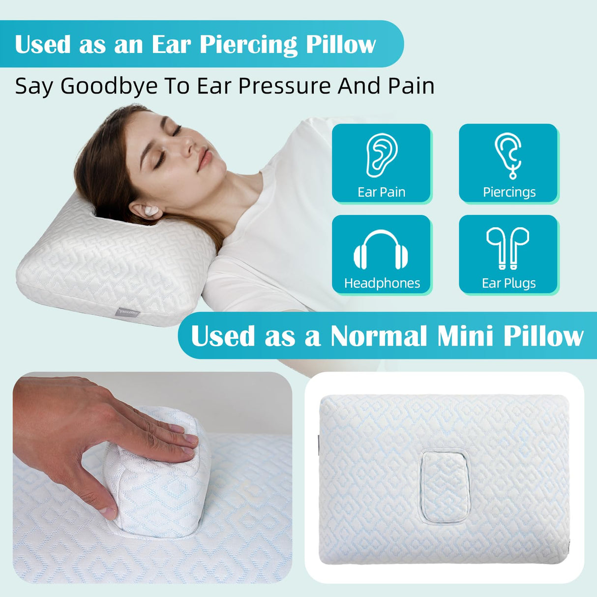 USlixury Piercing Pillow with Foam Plug - Piercing Pillow with Off Center and 4.7"X3.2" Ear Hole, Soft CertiPUR-US Memory Foam, Firm Support for Side Sleepers, Cooling, Traveling, 16"X11"X4''
