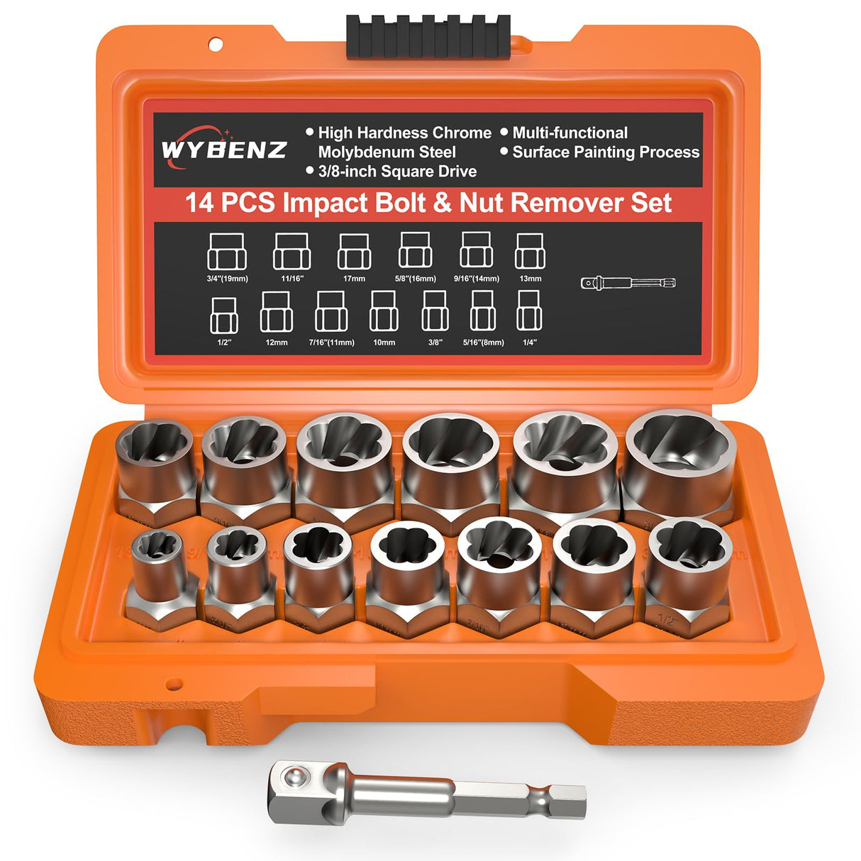 14 PCS Bolt Extractor Set, 3/8" Drive Impact Bolt & Lug Nut Remover Socket Tool Kit, Stripped Bolt Extractor Socket Set For Broken,Damaged, Frozen, Studs, Rusted, Rounded-Off Bolts, Nuts & Screws