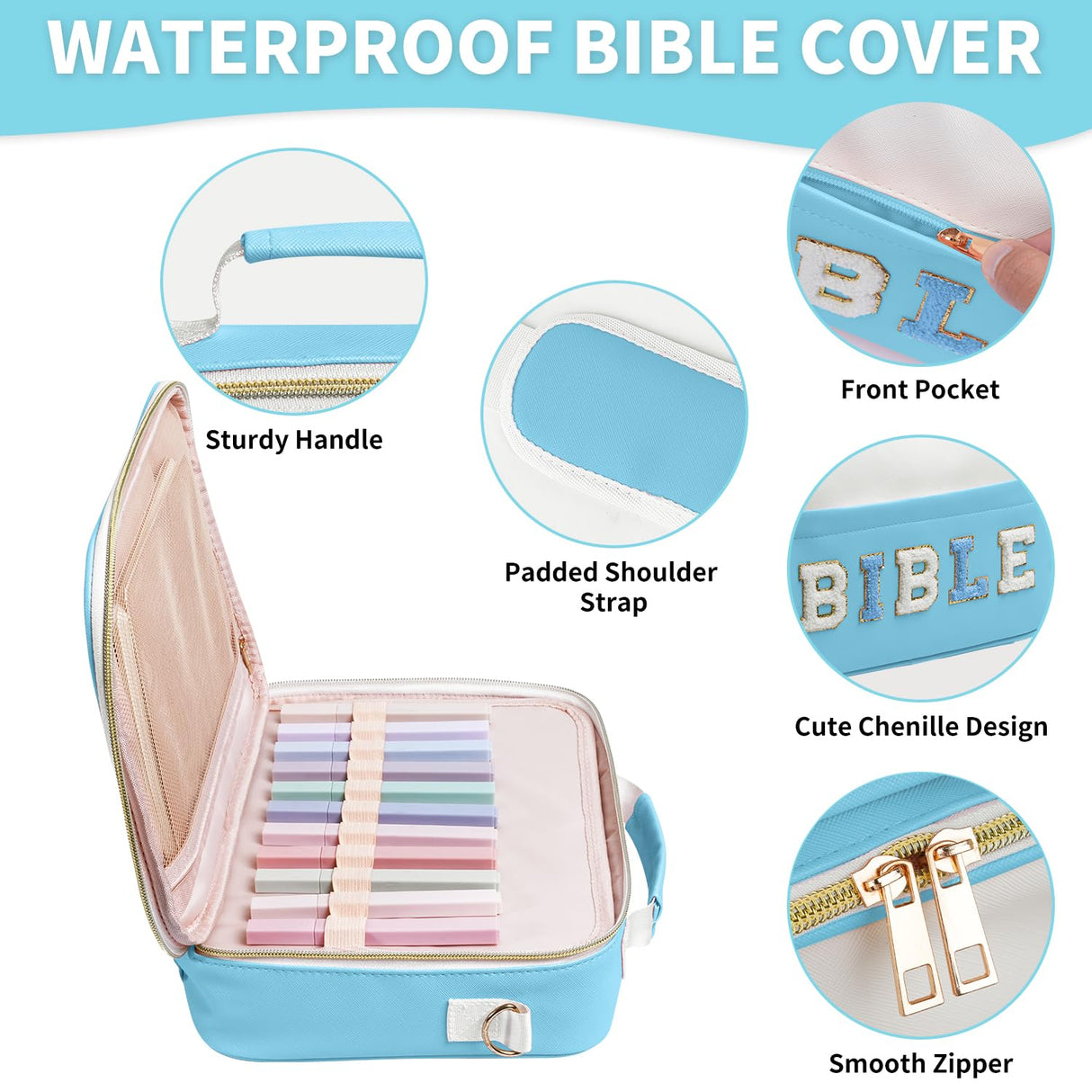 KOPKOFT Bible Cover Case for Women, Large Chenille Letter Leather Bible Case with Bible Study Accessories, Bible Study Supplies Bible Journaling Kit, Christmas Christian Gift for Women Girls (Blue)