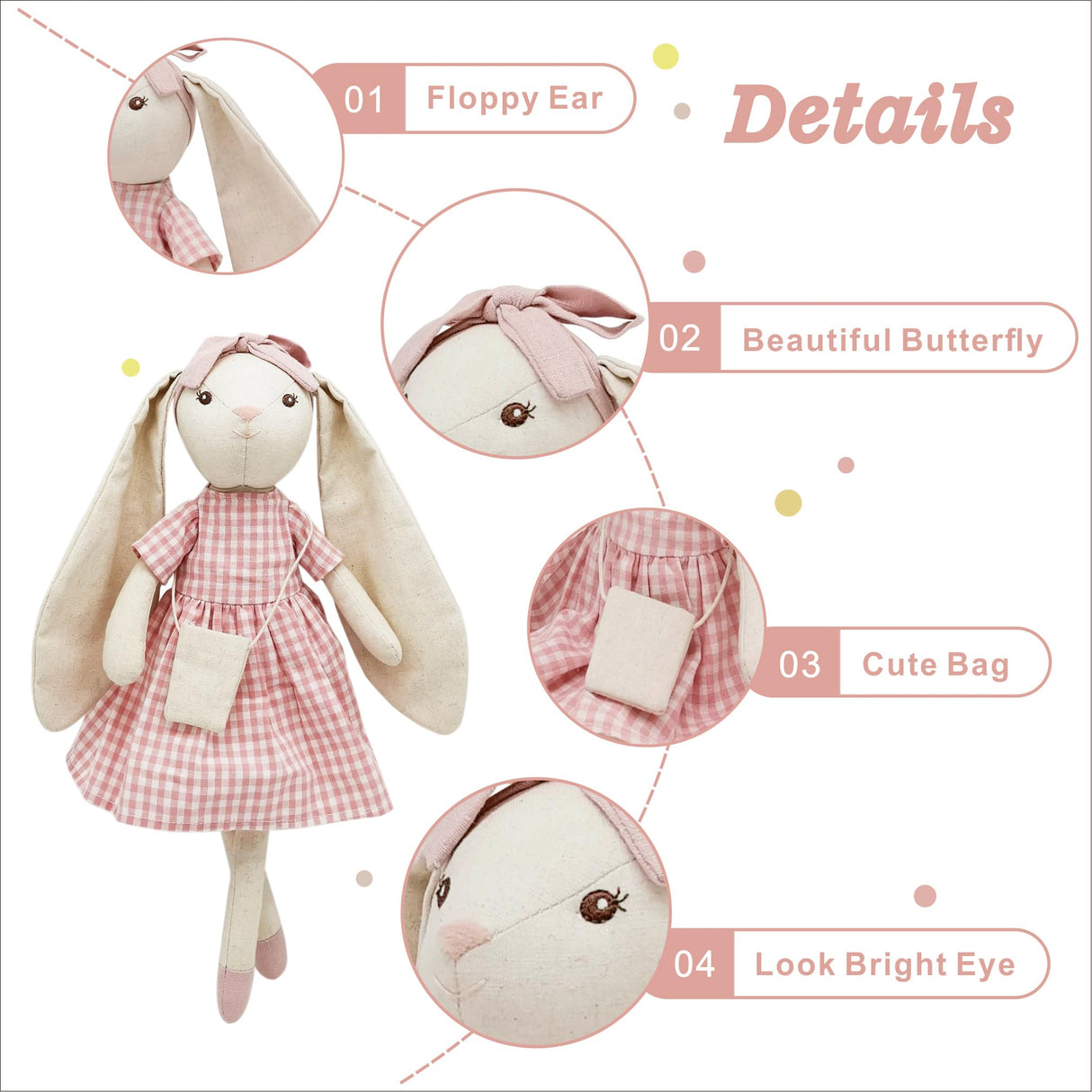 Mikee Fluffie 15" Bunny Stuffed Animal for Girls, Plush Toy Doll -Wearing Pink Plaid Dress,Cute Doll Set Dress Up for 3 4 5 Year Old Girl - Gift for Little Girl, Birthday, Easter,Christmas…