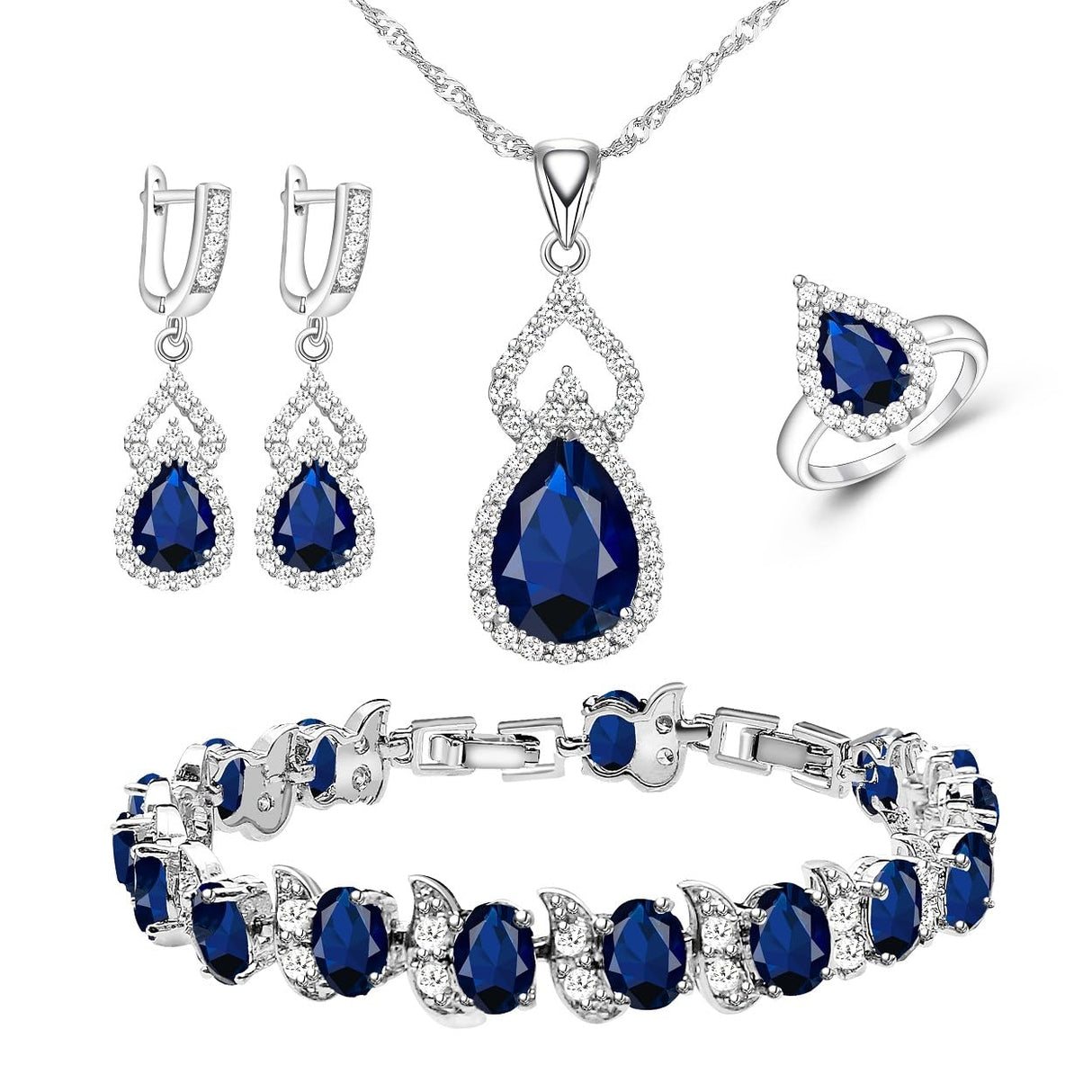 LMXXVJ Women Jewelry Set Platinum Plated Necklace Open Ring Earrings Bracelet Set,Birthday/Anniversary Mother’s Day Jewelry Gifts for Mom/Wife/Sister/Best Friend (blue, Adjustable)