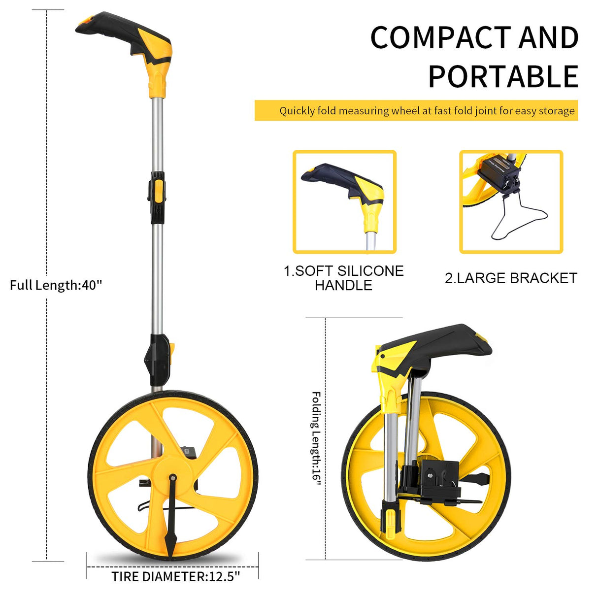 Zozen Measuring Wheel in Feet and Inches, Mechanical/Double Collapsible/One Key to Reset/Kickstand to Keep Stand/Starting Point Arrow and Cloth Carrying Bag, 0-9,999 Ft Measure Wheel.