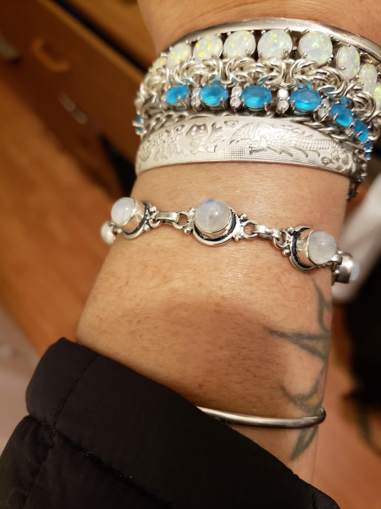 Natural Moonstone 925 Silver Plated Round Gemstone Link Bracelet for Women