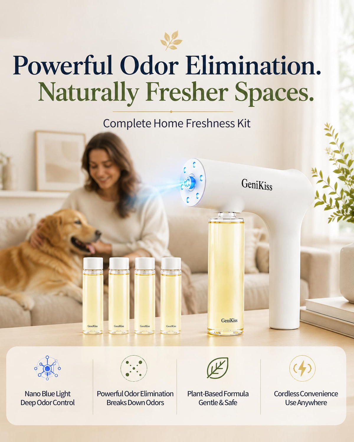 GeniKiss Nano Blue Light Deodorizer Spray Refill Pet & Home Odor Eliminator