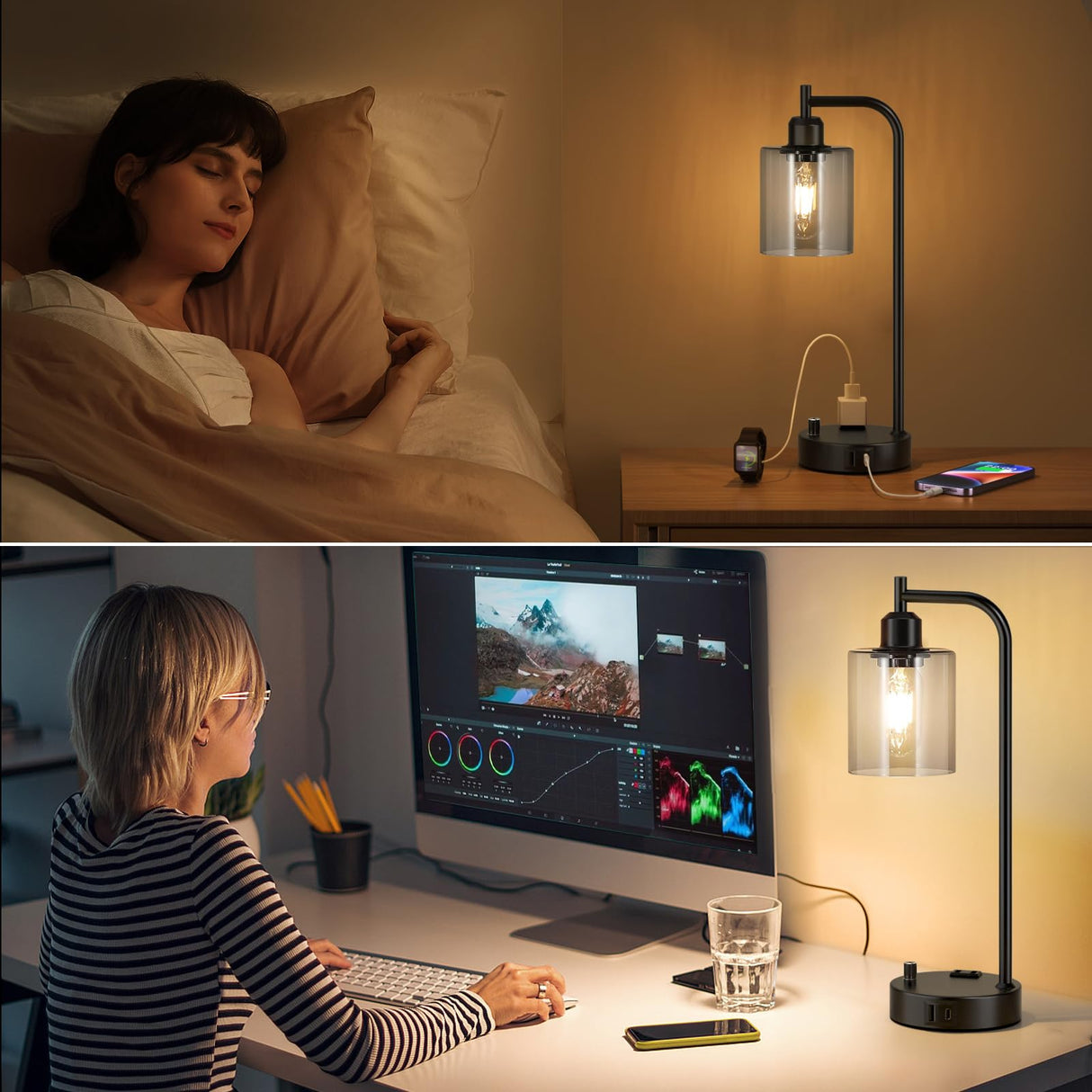 Innqoo Industrial Table Lamps for Bedrooms Set of 2 - Fully Dimmable Bedside Lamps with USB Ports and Outlet, Copper Nightstand Lamps with Glass Shade for Living Room, Desk Lamps for Office Reading
