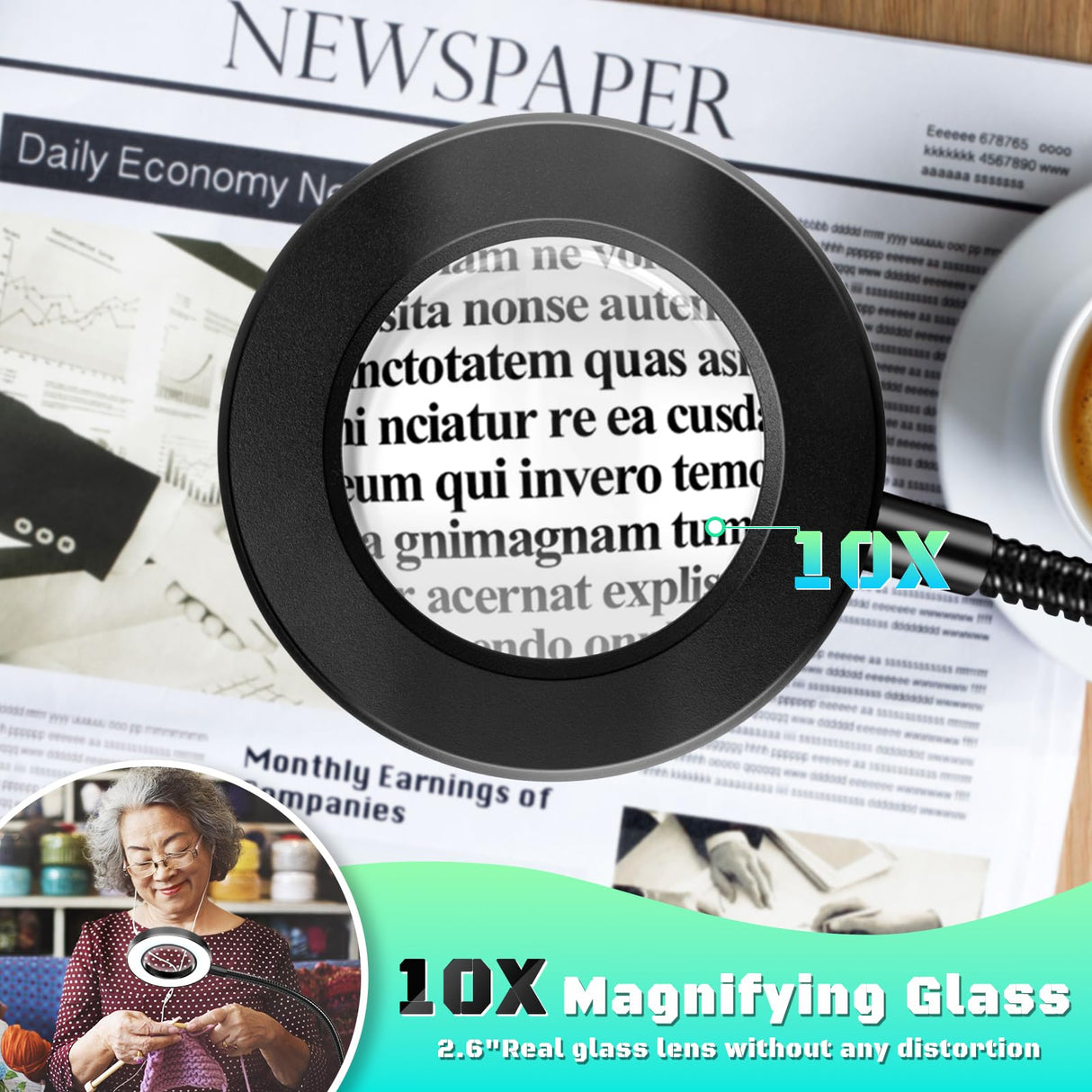 10X Magnifying Glass with Light, Clip on Mganifier with Light, 48 LED Desk Magnifying Glass wtih Clamp, 3 Modes Dimmable Magnifying LED Lamps for Bed Work Crafts DIY Repair Black