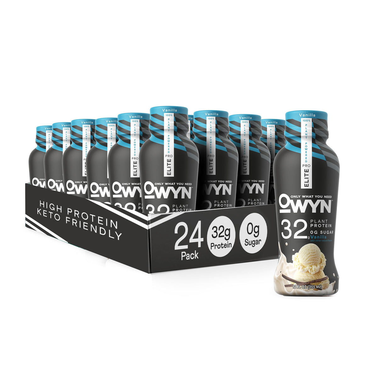 OWYN Only What You Need Pro Elite Vegan High Protein Keto Shake, 32g Protein, 9 Amino Acids, Omega-3, Prebiotics, Workout and Recovery, 0g Net Carbs, Zero Sugar (Vanilla, 12 Fl Oz (Pack of 24)